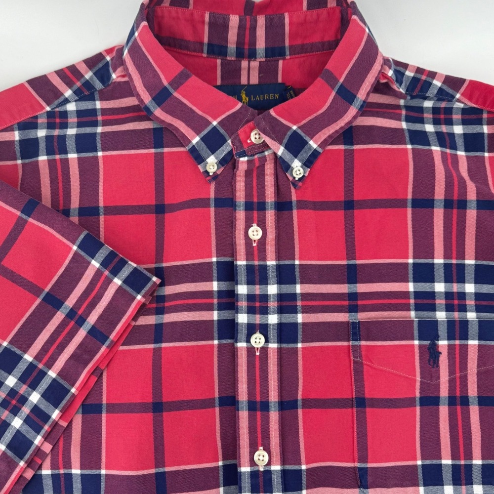 Ralph Lauren Mens XXL Red Navy Blue Plaid Short Sleeve Button Down Shirt Cotton
